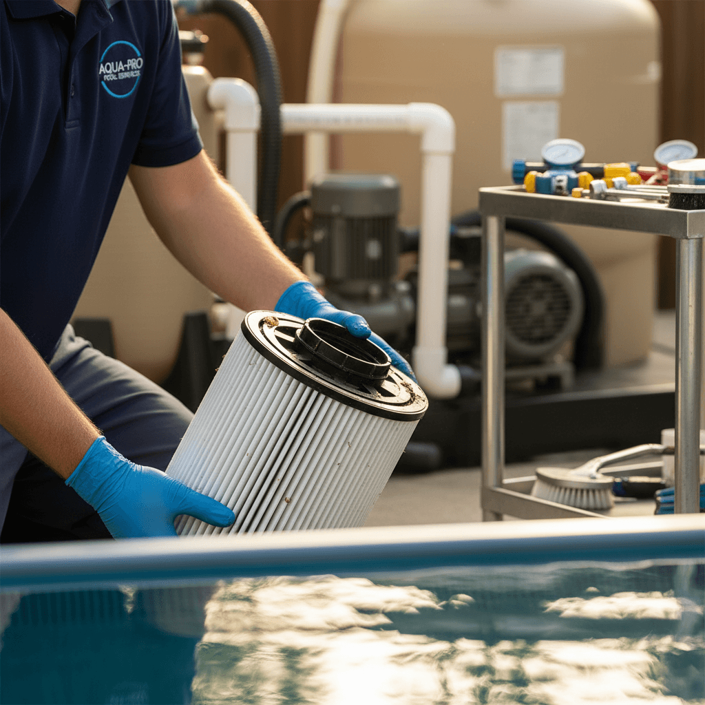 Pool technician's gloved hands inspecting filter cartridge during routine maintenance service in residential backyard